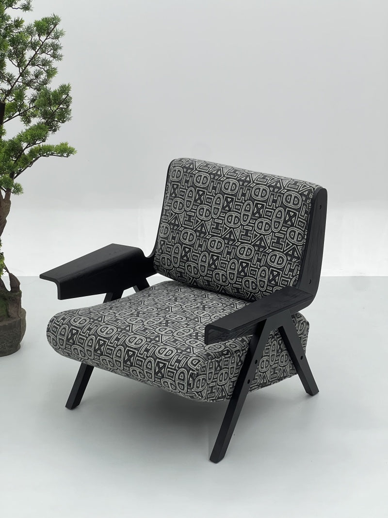 Geometric Pattern Upholstered Lounge Chair with Solid Frame and Armrests
