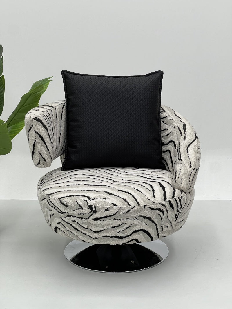 Swivel Upholstered Lounge Chair with Patterned Fabric and Metal Base