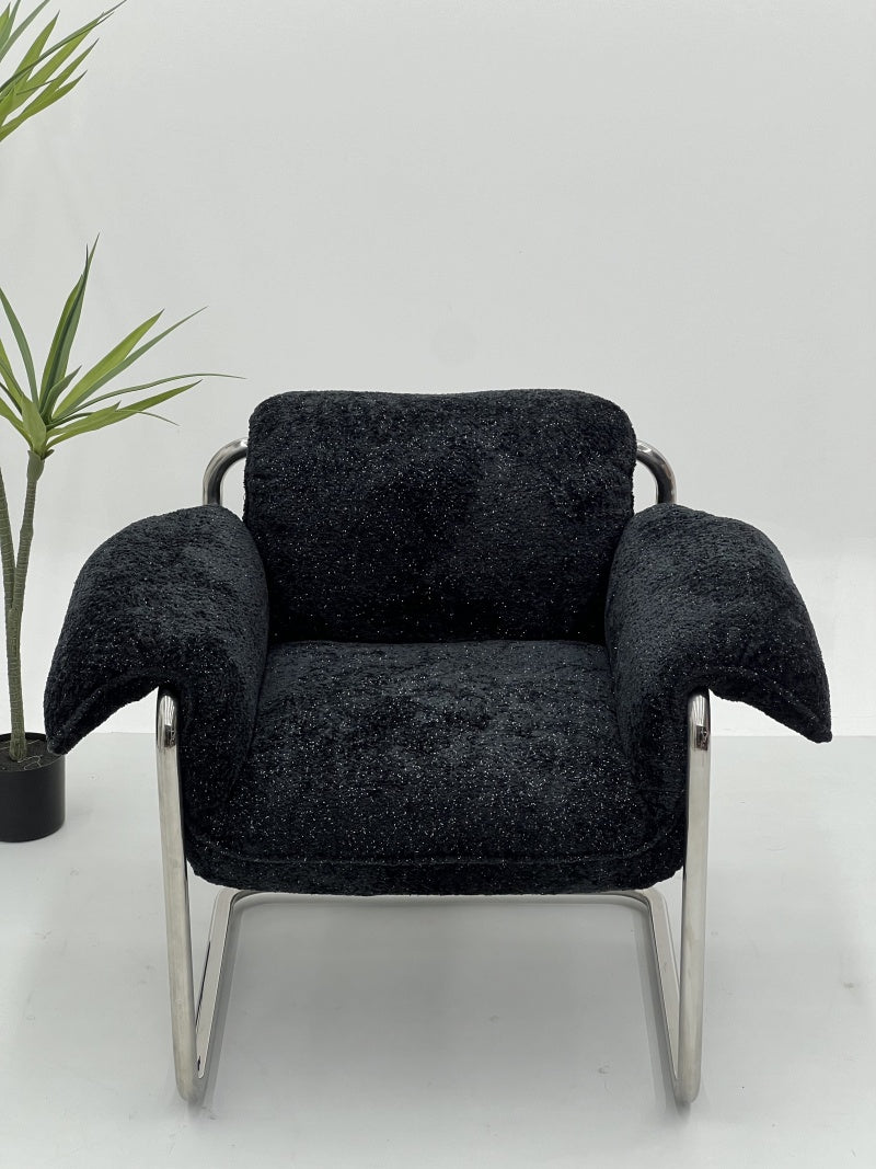 Stainless Steel Chenille Lounge Chair ¨C Upholstered Seating with Polished Metal Frame