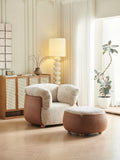 Beige Boucle Curved Lounge Chair with Leather Arms & Ottoman ¨C Luxurious Modern Accent Seating for Boutique Hotels & Commercial Lounges