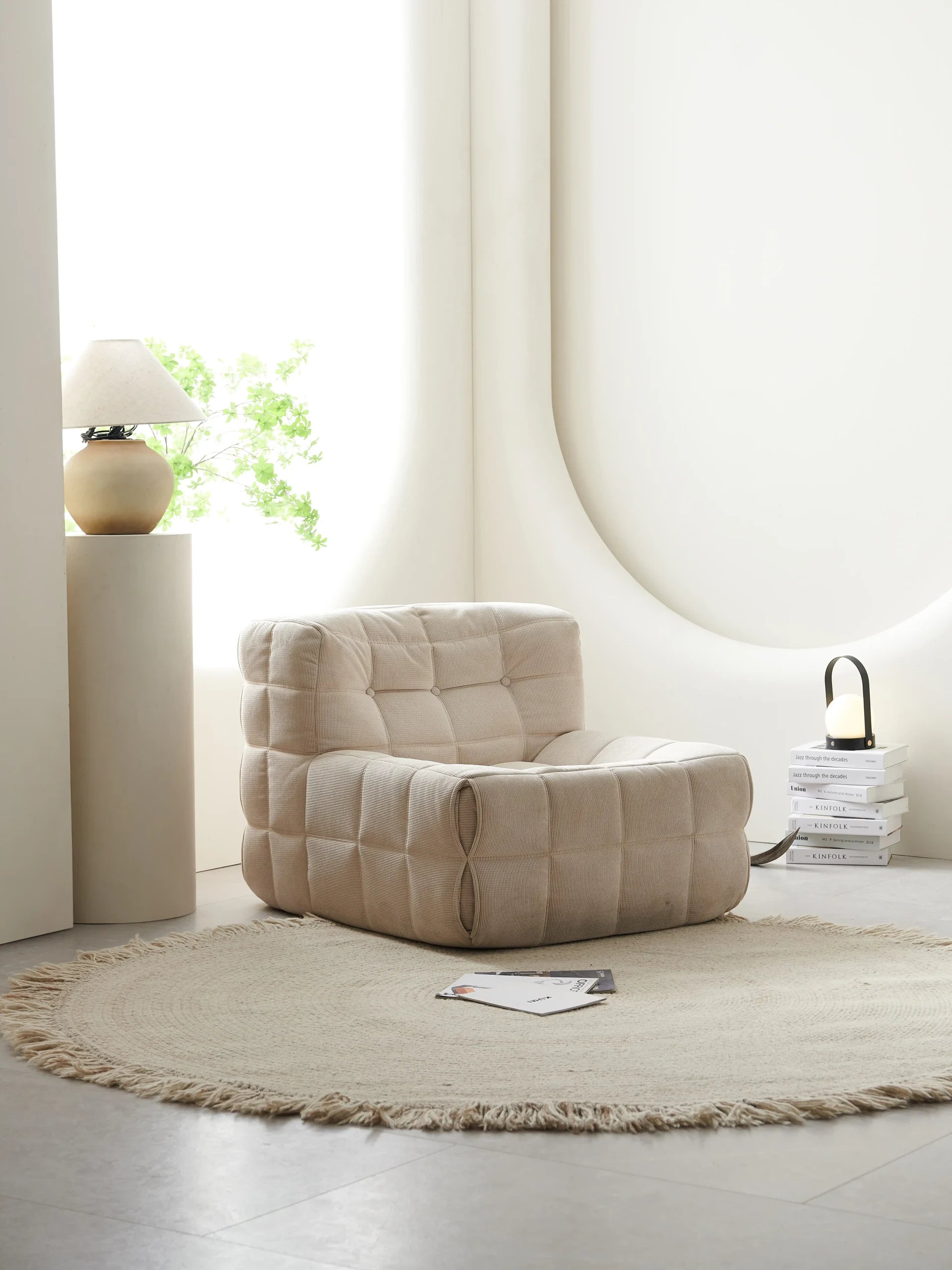 Beige Corduroy Tufted Lounge Chair ¨C Plush Quilted Modern Accent Seating for Commercial Hospitality & Lounge Spaces