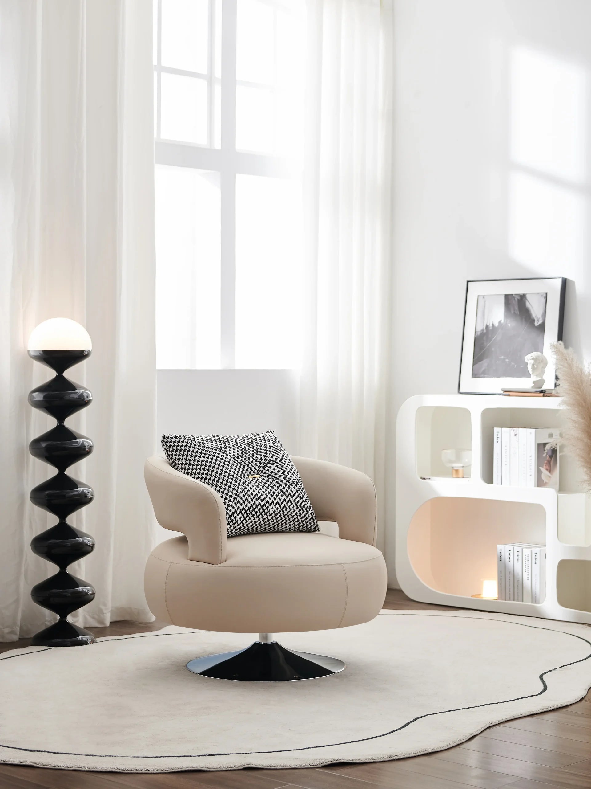 Beige Swivel Boucle Lounge Chair with 360¡ã Chrome Base ¨C Modern Minimalist Accent Seating for Commercial Hospitality & Boutique Spaces
