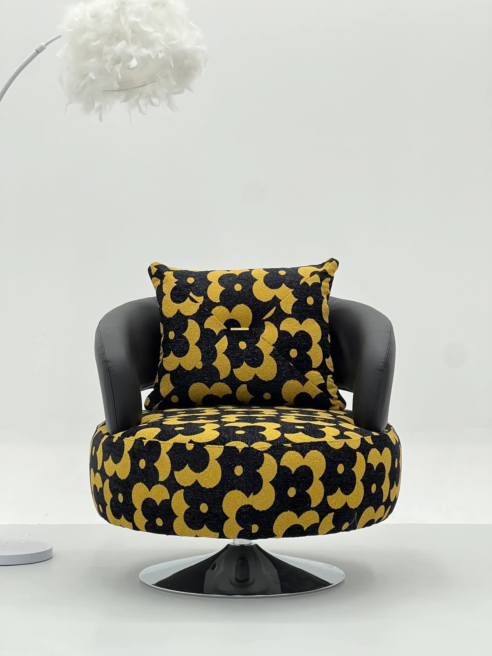 Black Gold Floral Swivel Chair with Chrome Base ¨C Bold Luxurious Accent Seating for Boutique Hotels & Commercial Lounges