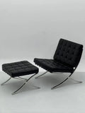 Black Tufted Lounge Chair with Chrome Frame & Ottoman ¨C Iconic Modern Accent Seating for Boutique Hotels & Commercial Spaces