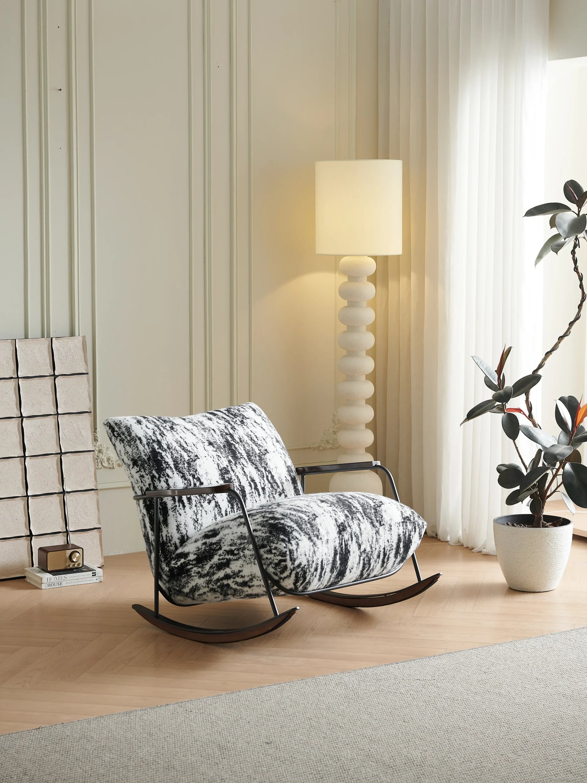 Black White Marble Print Rocking Chair with Walnut Rockers ¨C Artistic Modern Accent Seating for Boutique Hotels & Commercial Lounges