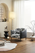 Black White Toile Lounge Chair with Black Frame ¨C Elegant Artistic Accent Seating for Boutique Hotels & Commercial Lounges
