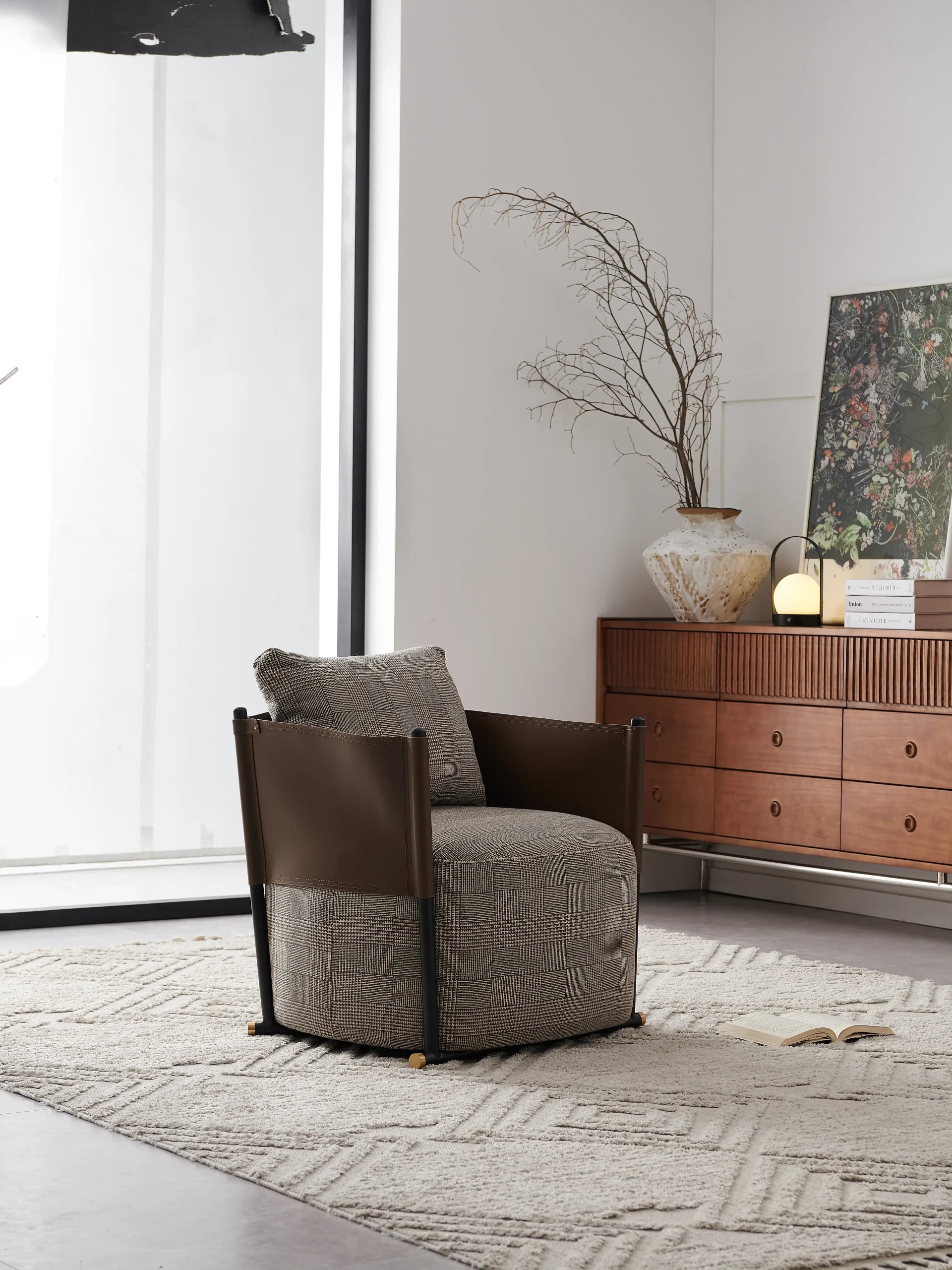 Brown Plaid Leather Accent Chair with Black Metal Straps ¨C Modern Minimalist Lounge Seating for Boutique Hotels & Commercial Interiors