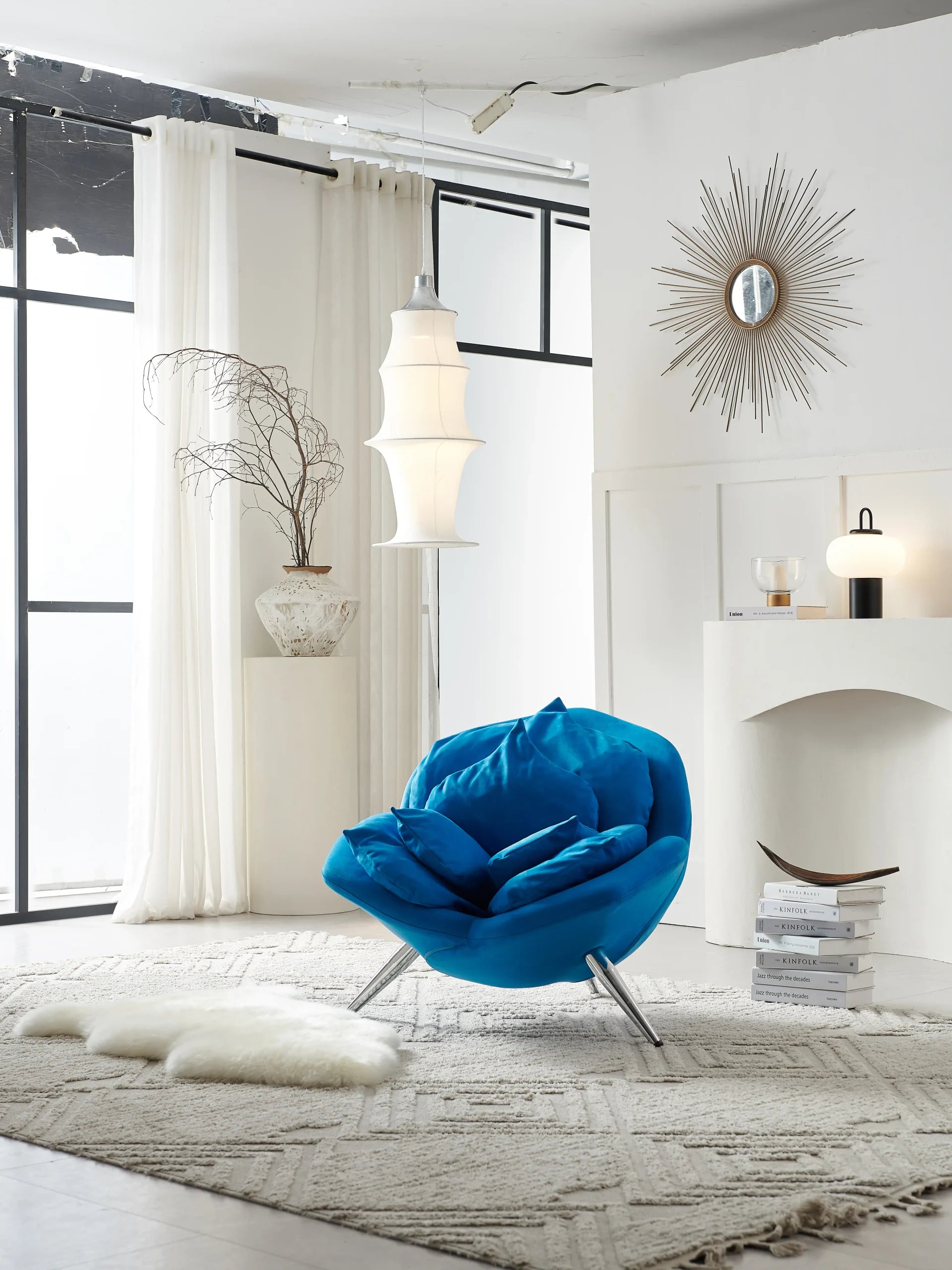 Blue Rose Petal Lounge Chair with Chrome Legs ¨C Sculptural Velvet Accent Seating for Boutique Hotels & Luxury Commercial Spaces