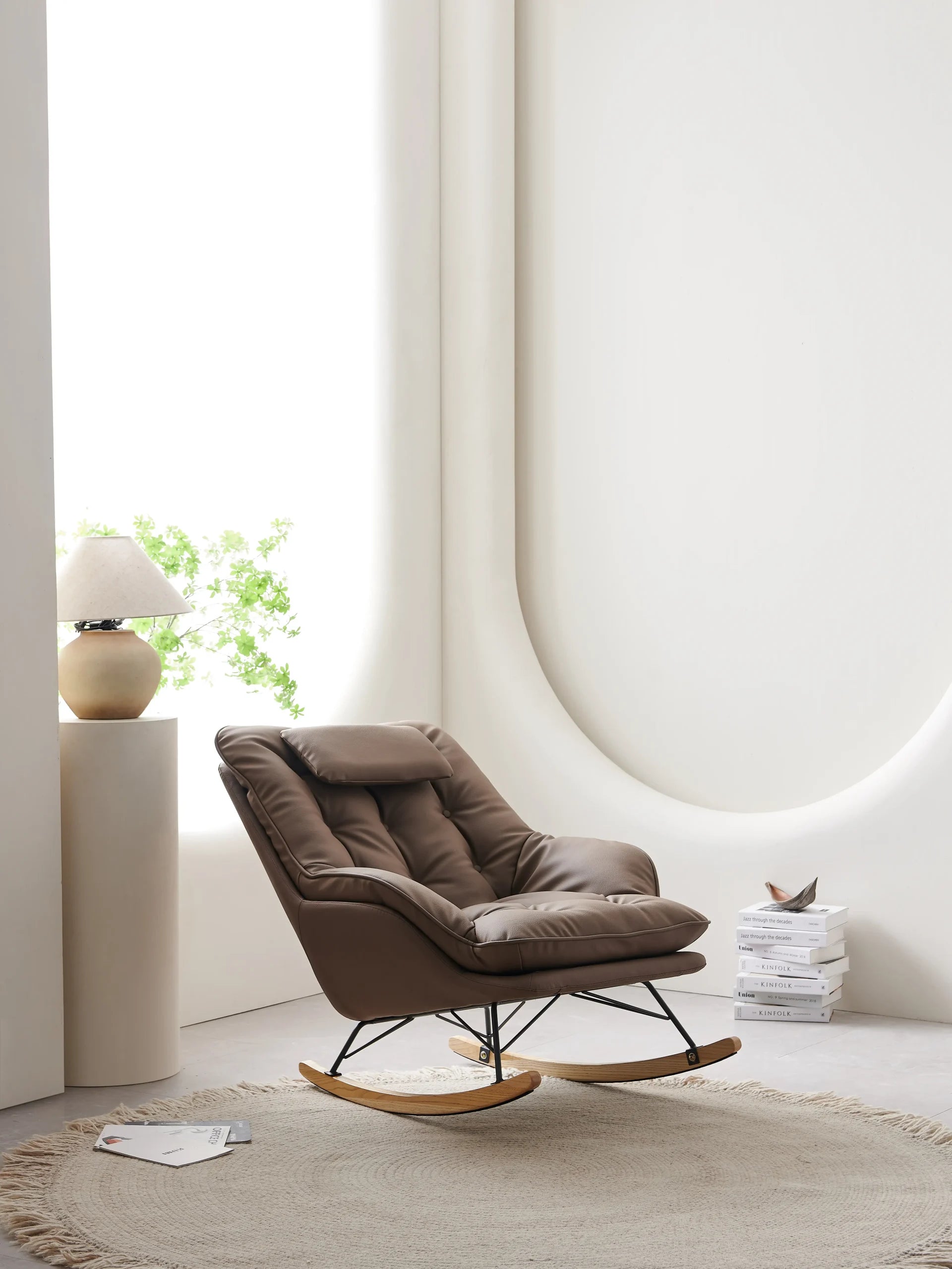Brown Leather Rocking Lounge Chair with Black Metal & Oak Rockers ¨C Modern Relaxed Accent Seating for Commercial Hospitality & Premium Lounges