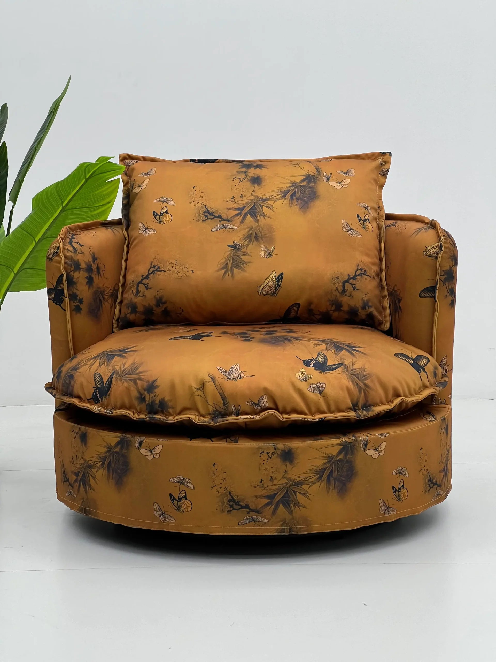 Modern Butterfly Floral Lounge Chair in Mustard ¨C Oversized Botanical Cloud Seating with Pillow for Commercial Hotels, Lounges & Premium Offices