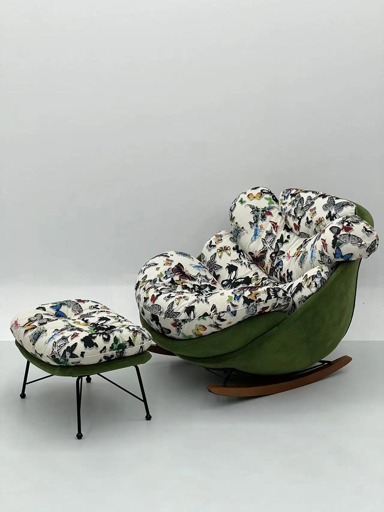 Butterfly Print Rocking Chair with Ottoman ¨C Artistic Luxurious Accent Seating for Boutique Hotels & Commercial Spaces