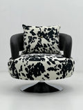 Modern Cow Print Swivel Lounge Chair in Black & White ¨C Plush 360¡ã Cloud Accent Seating with Pillow for Commercial Hotels, Lounges & Premium Offices