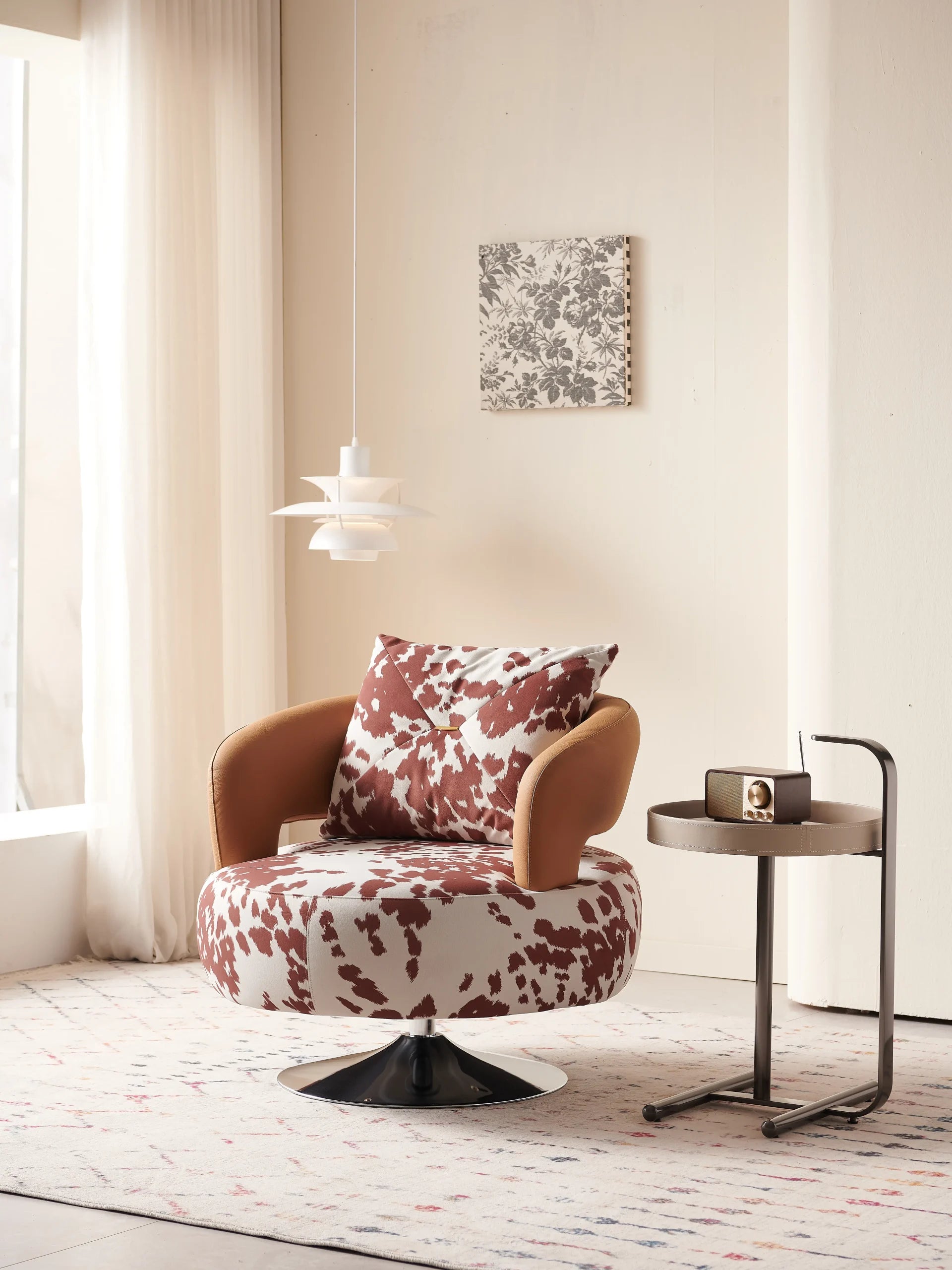 Cow Print Swivel Lounge Chair with Chrome Base ¨C Bold Artistic Accent Seating for Boutique Hotels & Commercial Lounges
