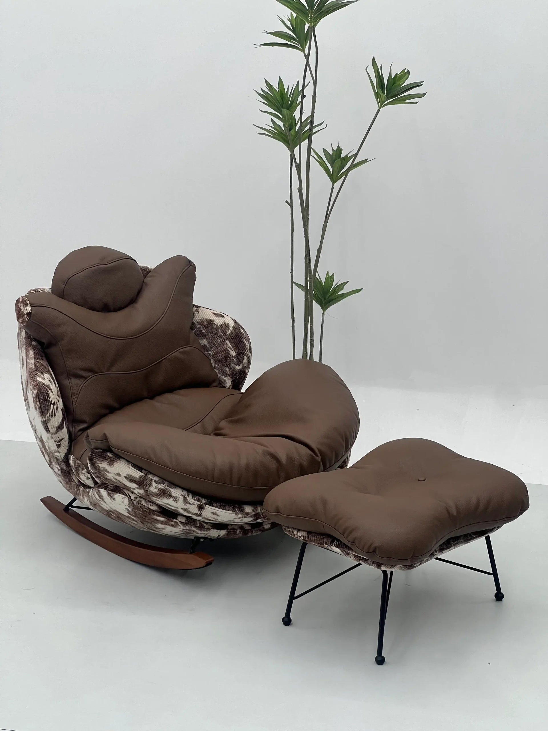 Modern Cowhide Print Rocking Lounge Chair with Ottoman ¨C Luxury Relaxing Seating for Commercial Hotels, Lounges & Offices