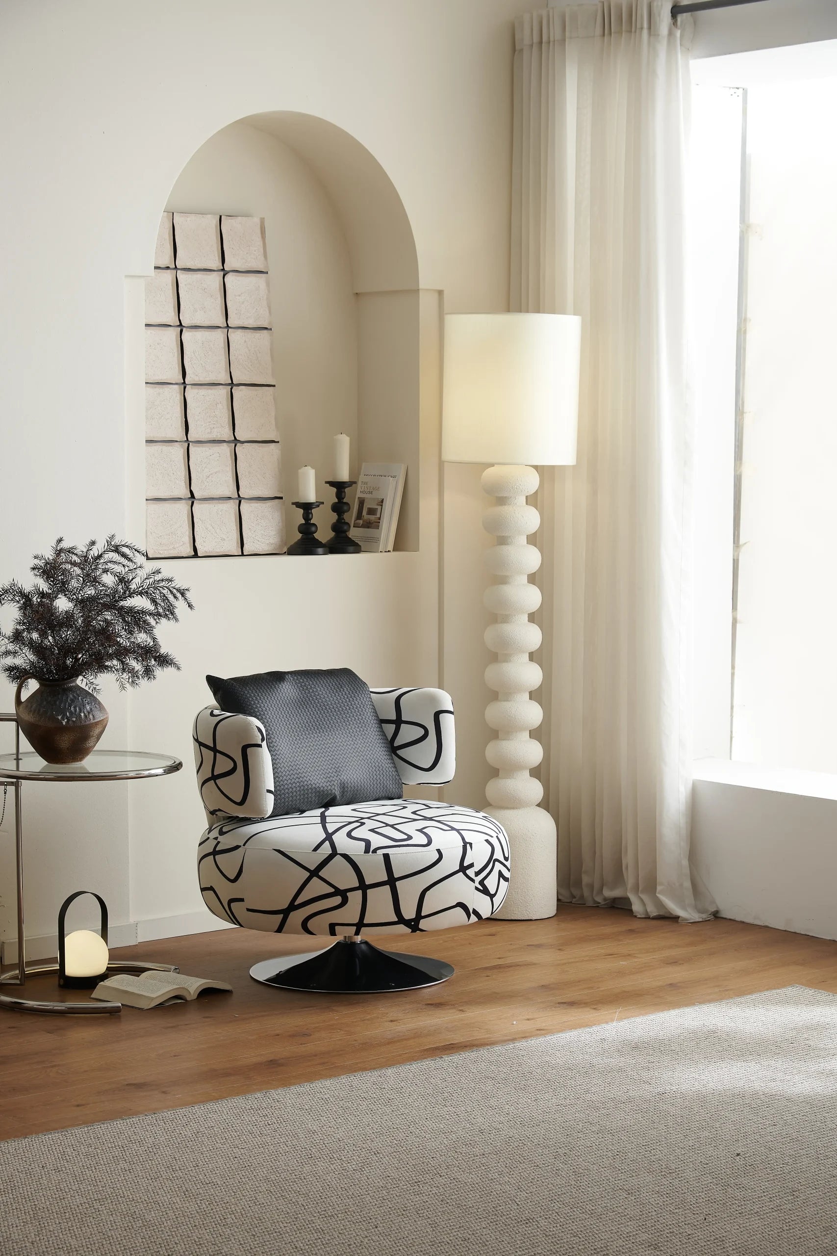 Cream Abstract Line Art Swivel Chair with Chrome Base ¨C Artistic Modern Accent Seating for Boutique Hotels & Commercial Lounges