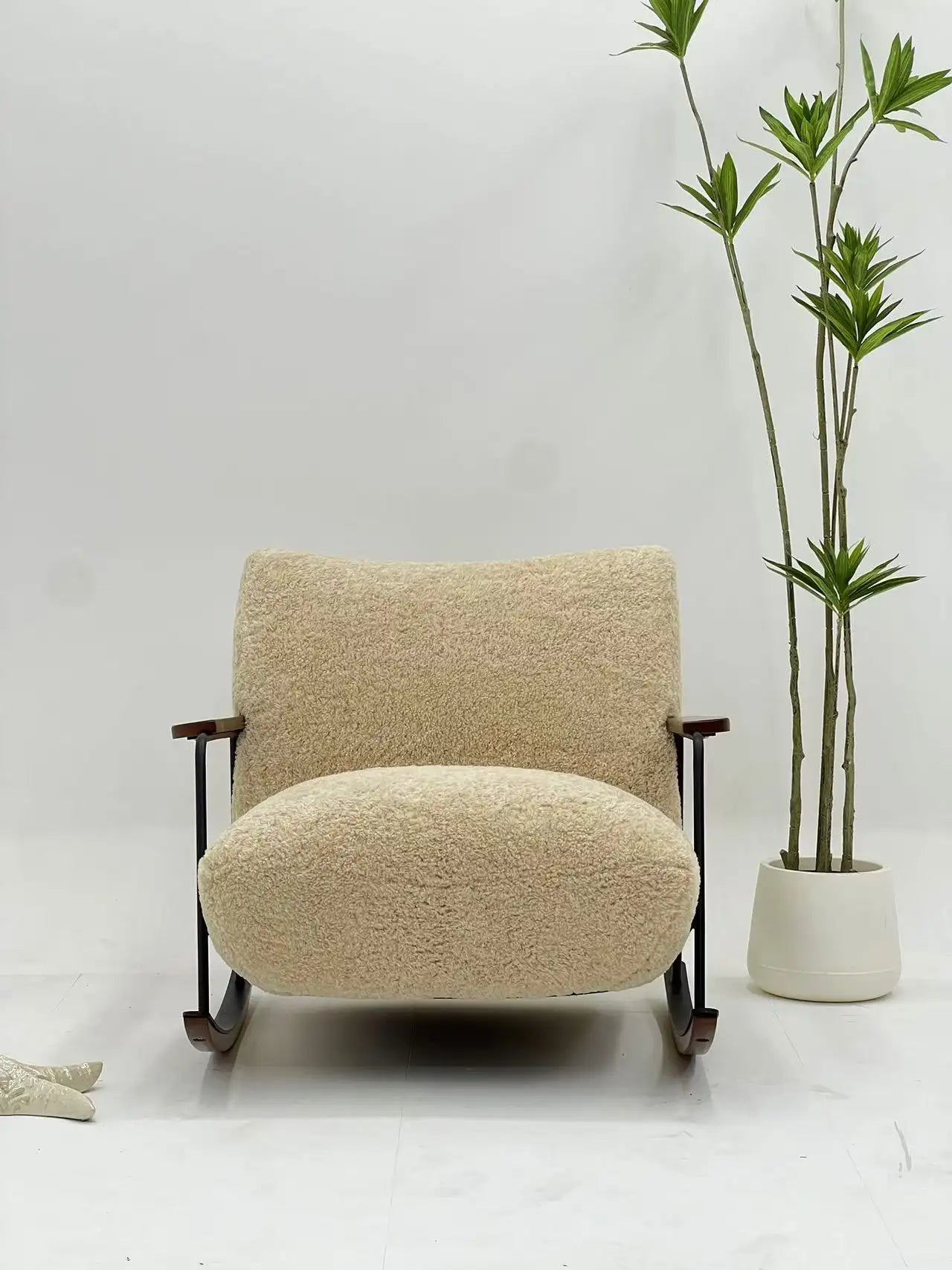 Cream Boucle Rocking Chair with Walnut Rockers ¨C Luxurious Modern Accent Seating for Boutique Hotels & Commercial Spaces