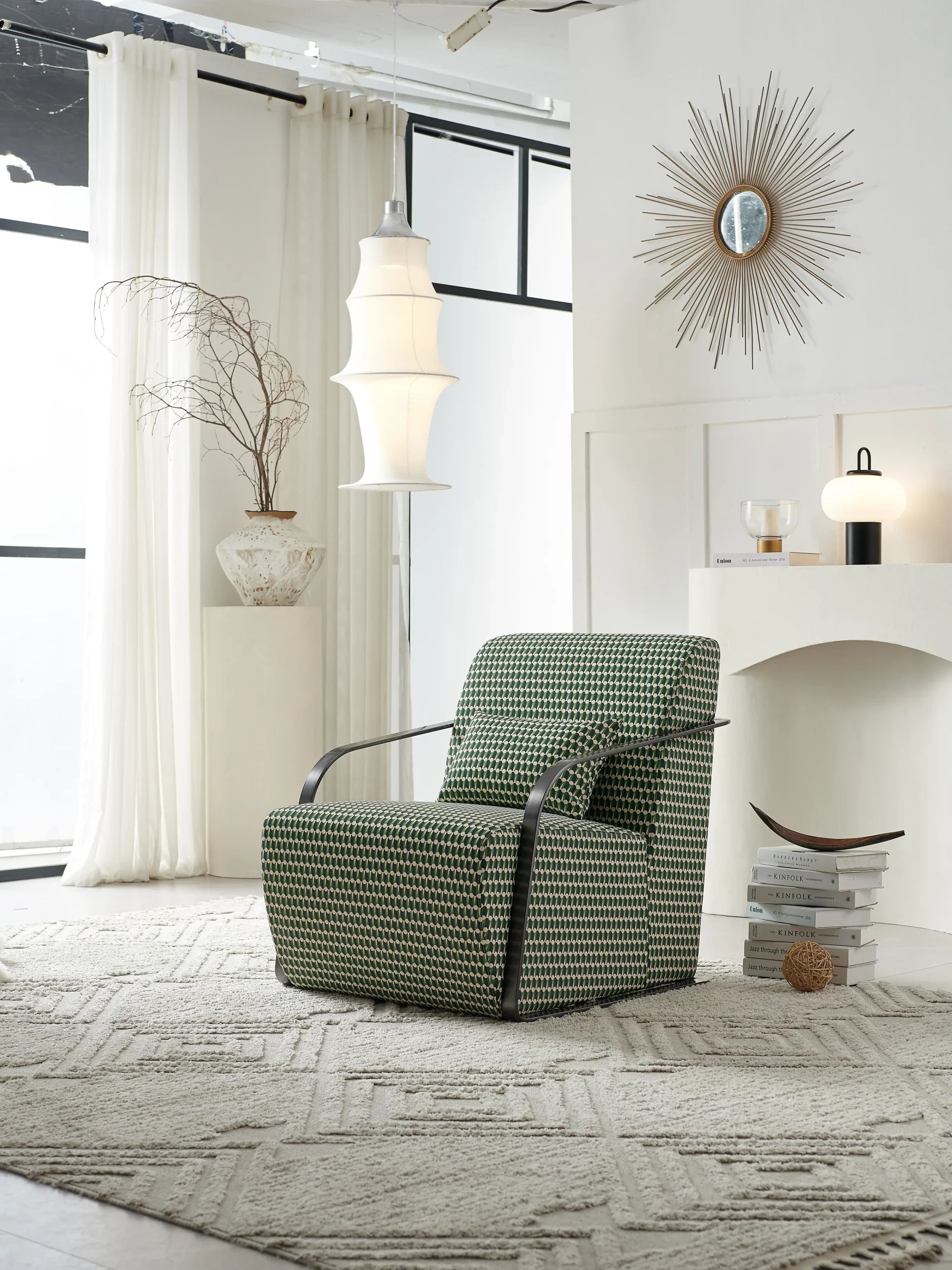 Green Geometric Accent Chair with Black Metal Frame ¨C Modern Luxury Lounge Seating for Boutique Hotels & Commercial Interiors