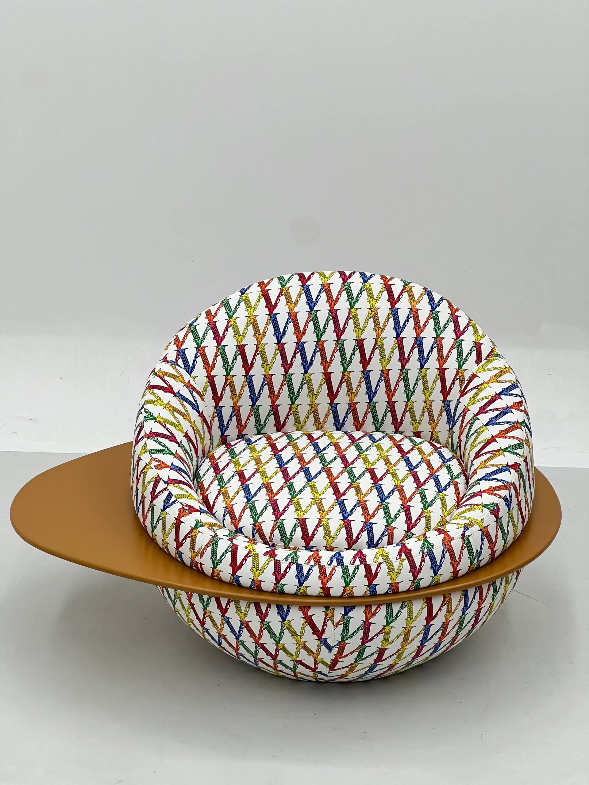 Modern Multicolor Monogram Print Lounge Chair with Floating Bronze Base ¨C Bold Luxury Accent Seating for Commercial Hotels, Lounges & Premium Offices