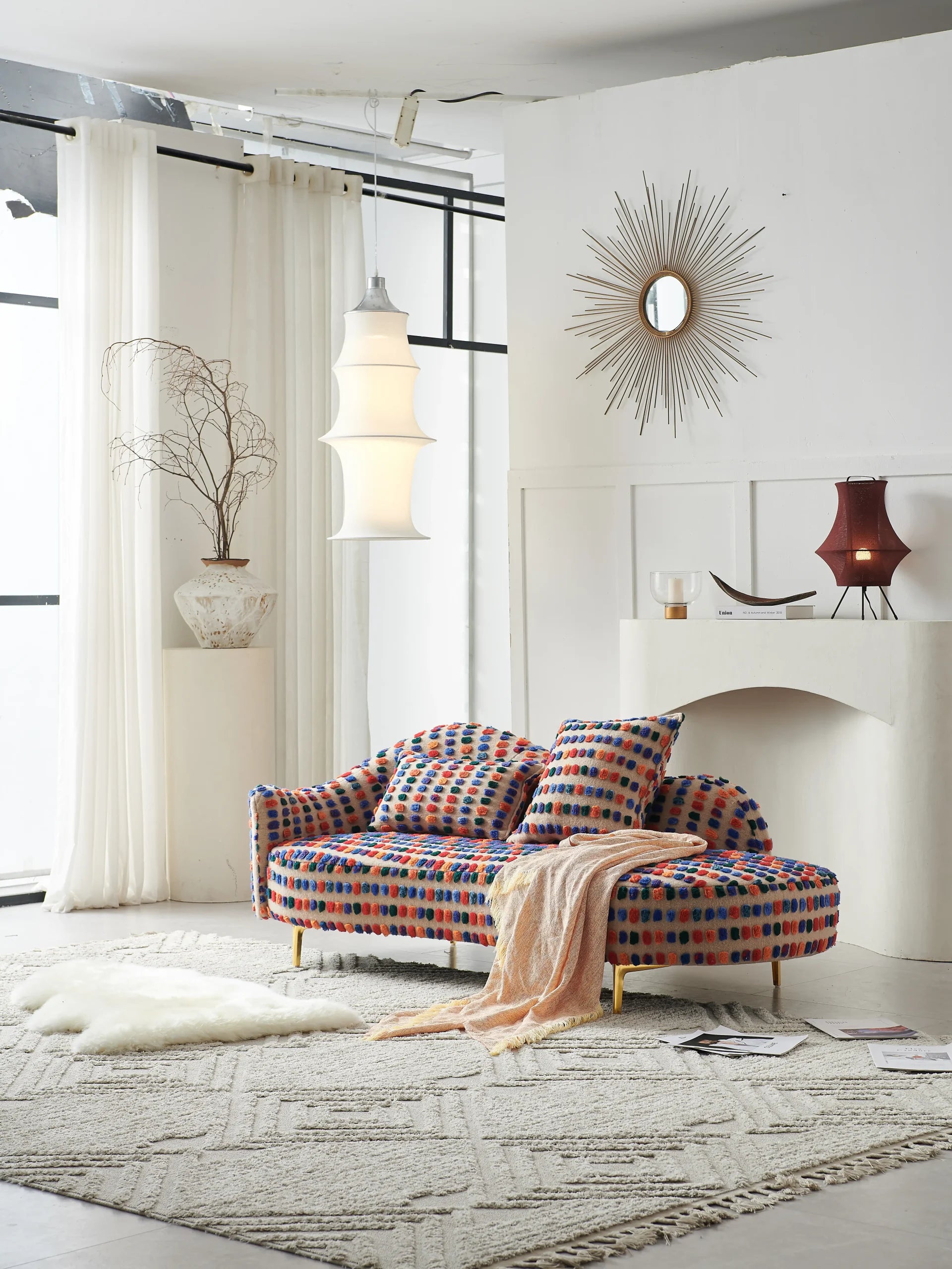 Multicolor Pom Pom Chaise Lounge Sofa with Gold Legs ¨C Playful Textured Statement Seating for Boutique Hotels & Commercial Lounges