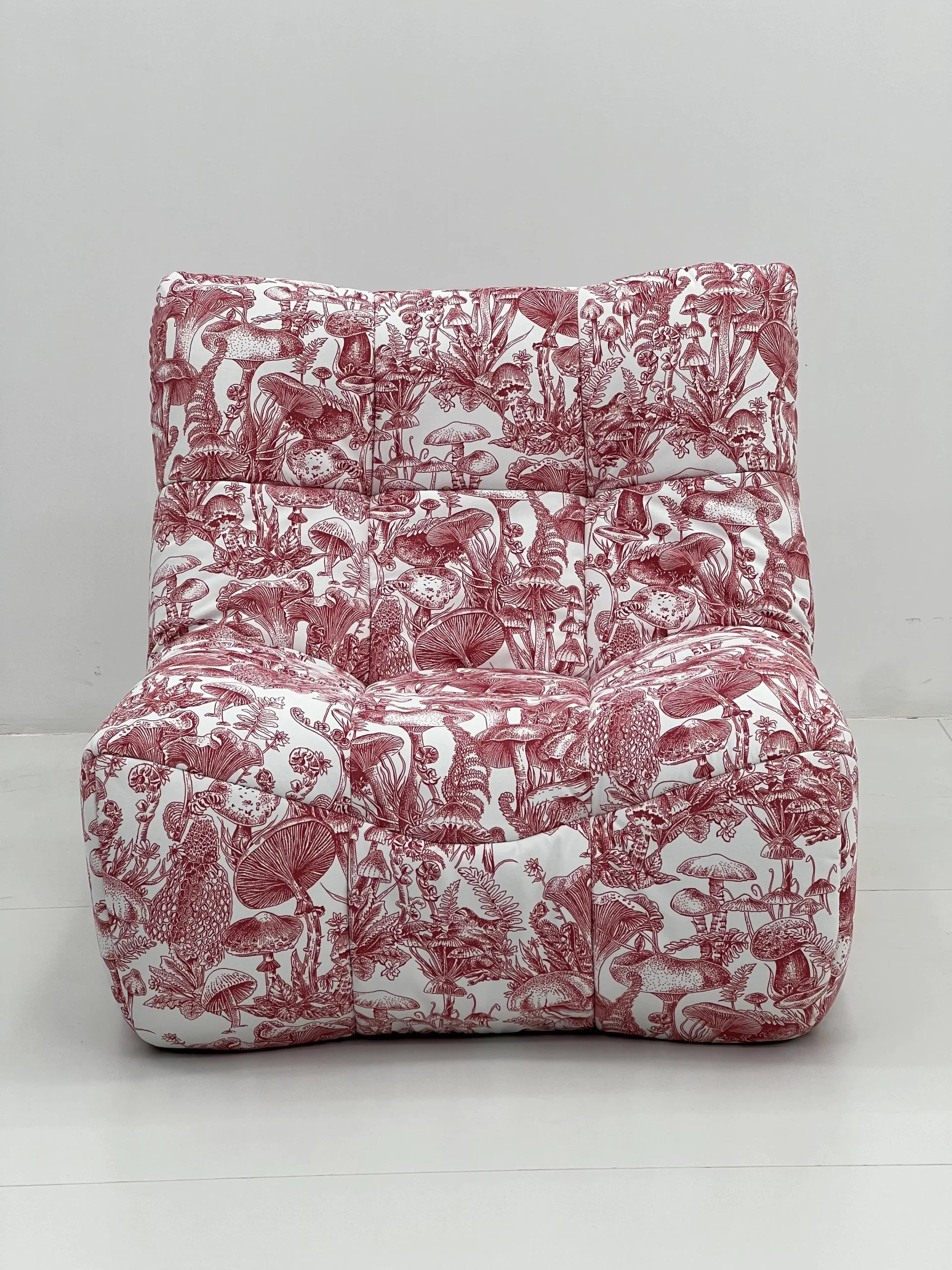 Modern Mushroom Toile Lounge Chair in Burgundy ¨C Oversized Botanical Print Cloud Seating for Commercial Hotels, Lounges & Premium Offices