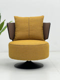 Modern Mustard Swivel Lounge Chair with Contrast Brown Arms & Pillow ¨C Plush 360¡ã Accent Seating for Commercial Hotels, Offices & Lounges