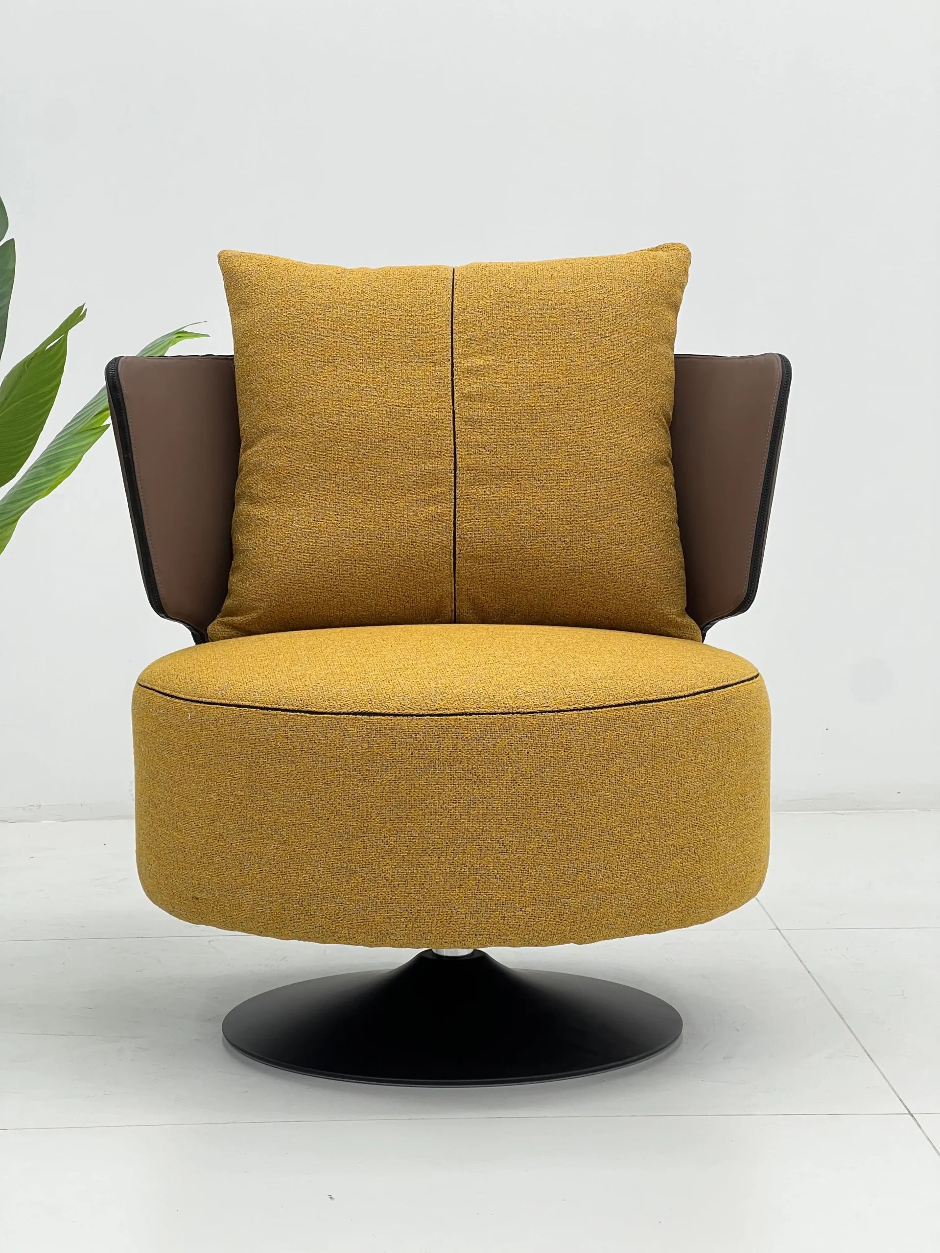 Modern Mustard Swivel Lounge Chair with Contrast Brown Arms & Pillow ¨C Plush 360¡ã Accent Seating for Commercial Hotels, Offices & Lounges