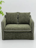 Modern Olive Boucle Lounge Chair with White Piping & Pillows ¨C Oversized Plush Cloud Seating for Commercial Hotels, Offices & Lounges