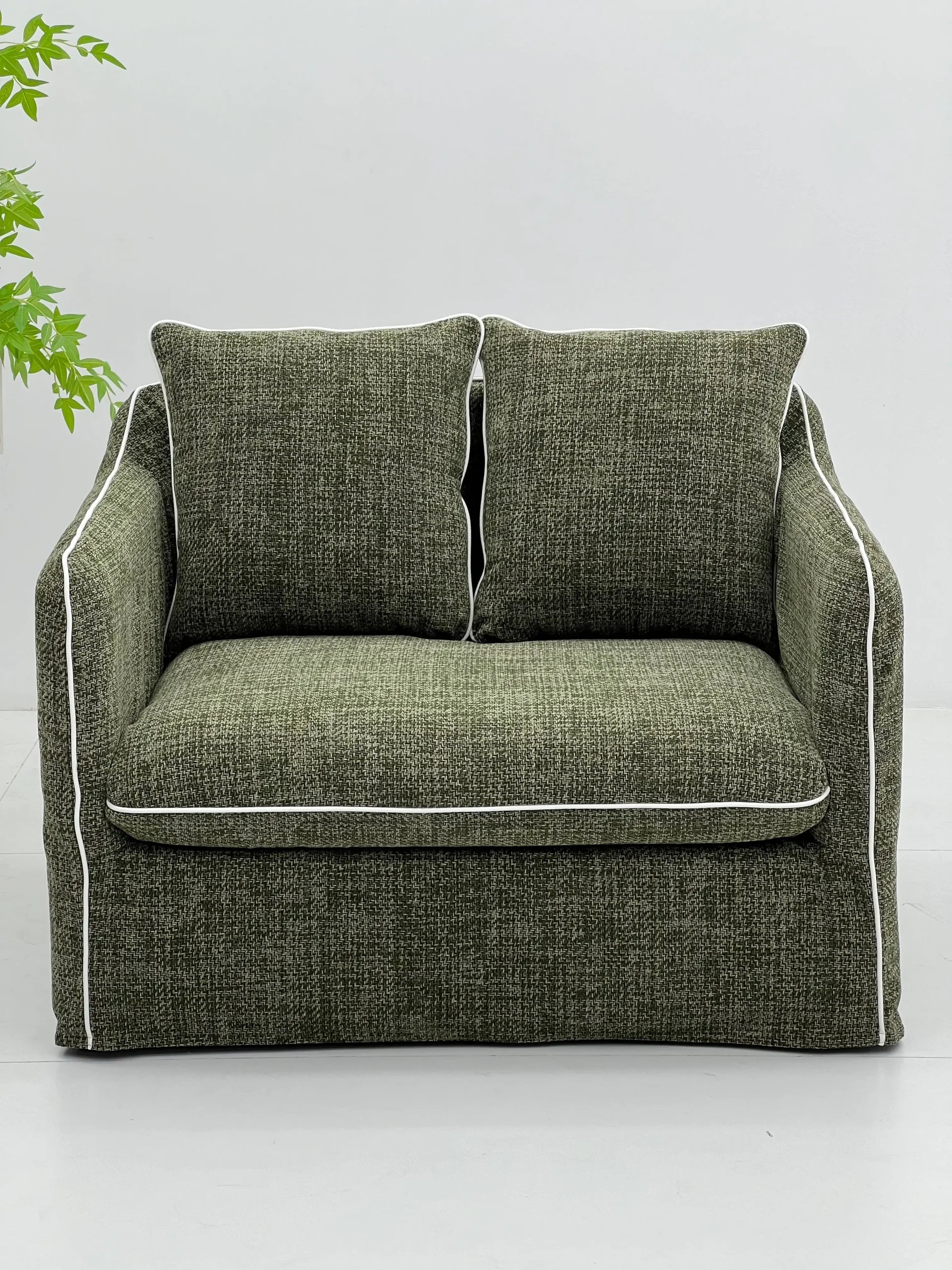 Modern Olive Boucle Lounge Chair with White Piping & Pillows ¨C Oversized Plush Cloud Seating for Commercial Hotels, Offices & Lounges