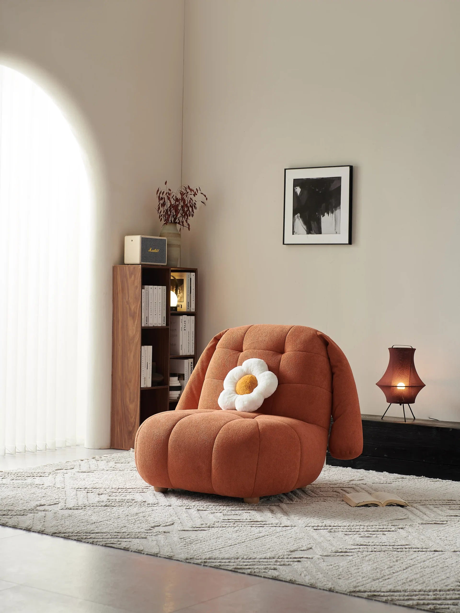 Orange Bunny Ear Boucle Lounge Chair with Daisy Pillow ¨C Playful Modern Accent Seating for Commercial Spaces