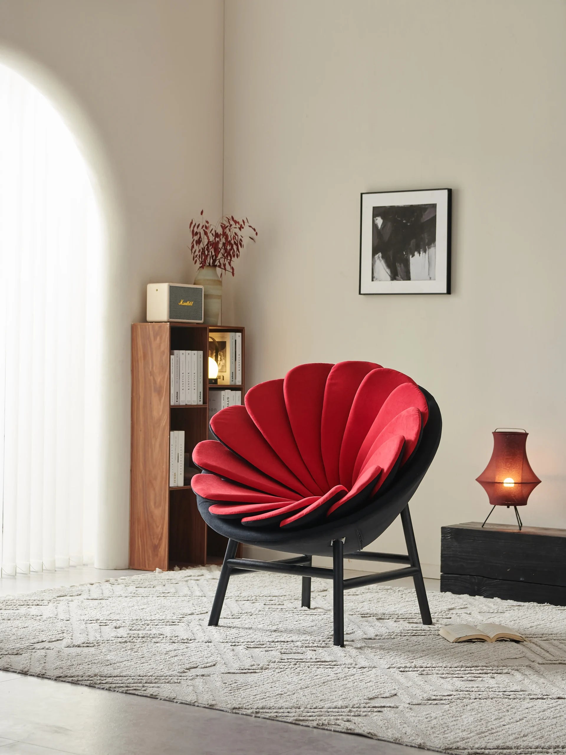 Red Petal Velvet Lounge Chair with Black Frame ¨C Dramatic Sculptural Accent Seating for Boutique Hotels & Luxury Commercial Spaces