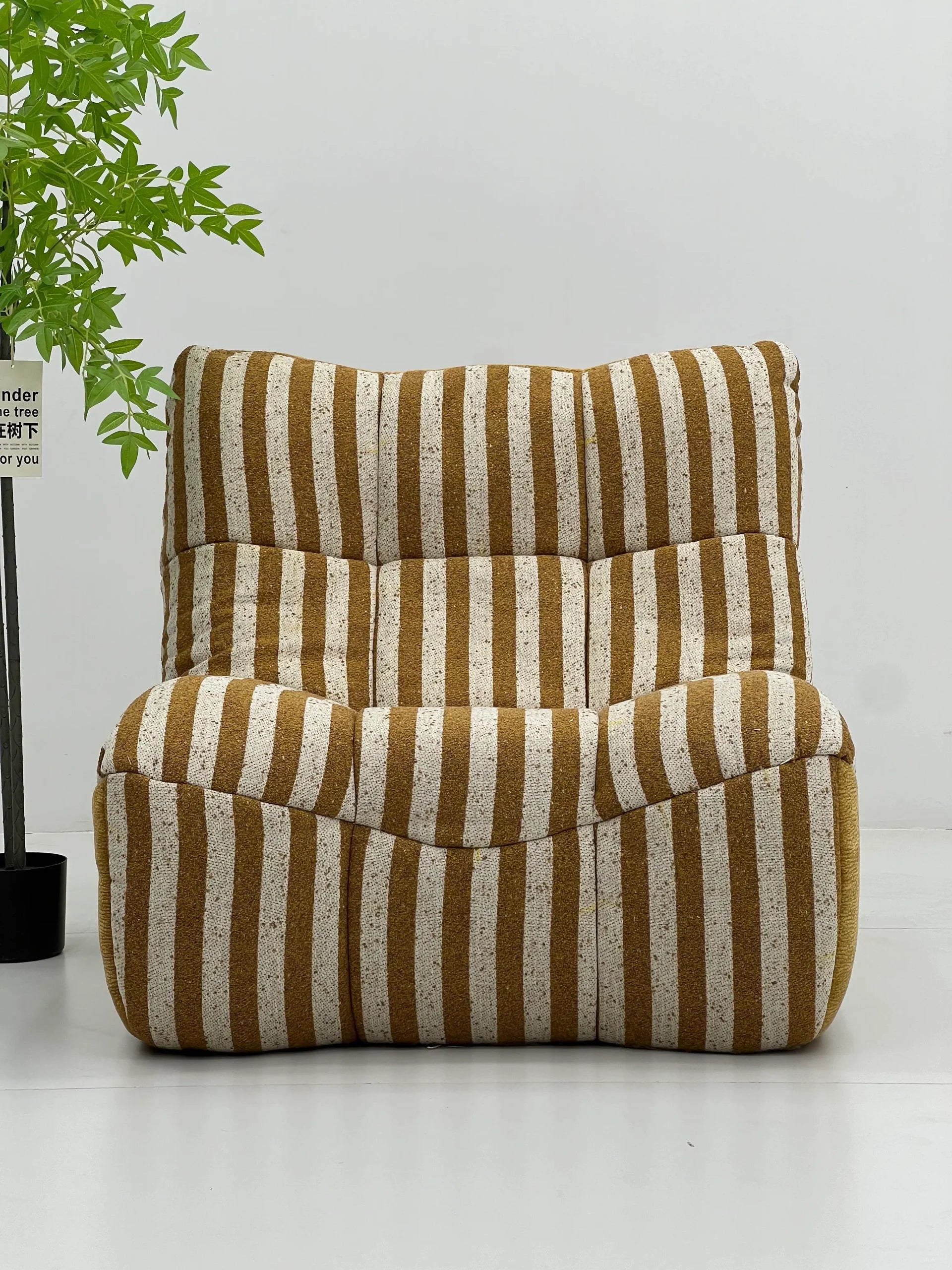 Modern Striped Cloud Lounge Chair in Mustard & Beige ¨C Oversized Plush Accent Seating for Commercial Hotels, Offices & Lounges