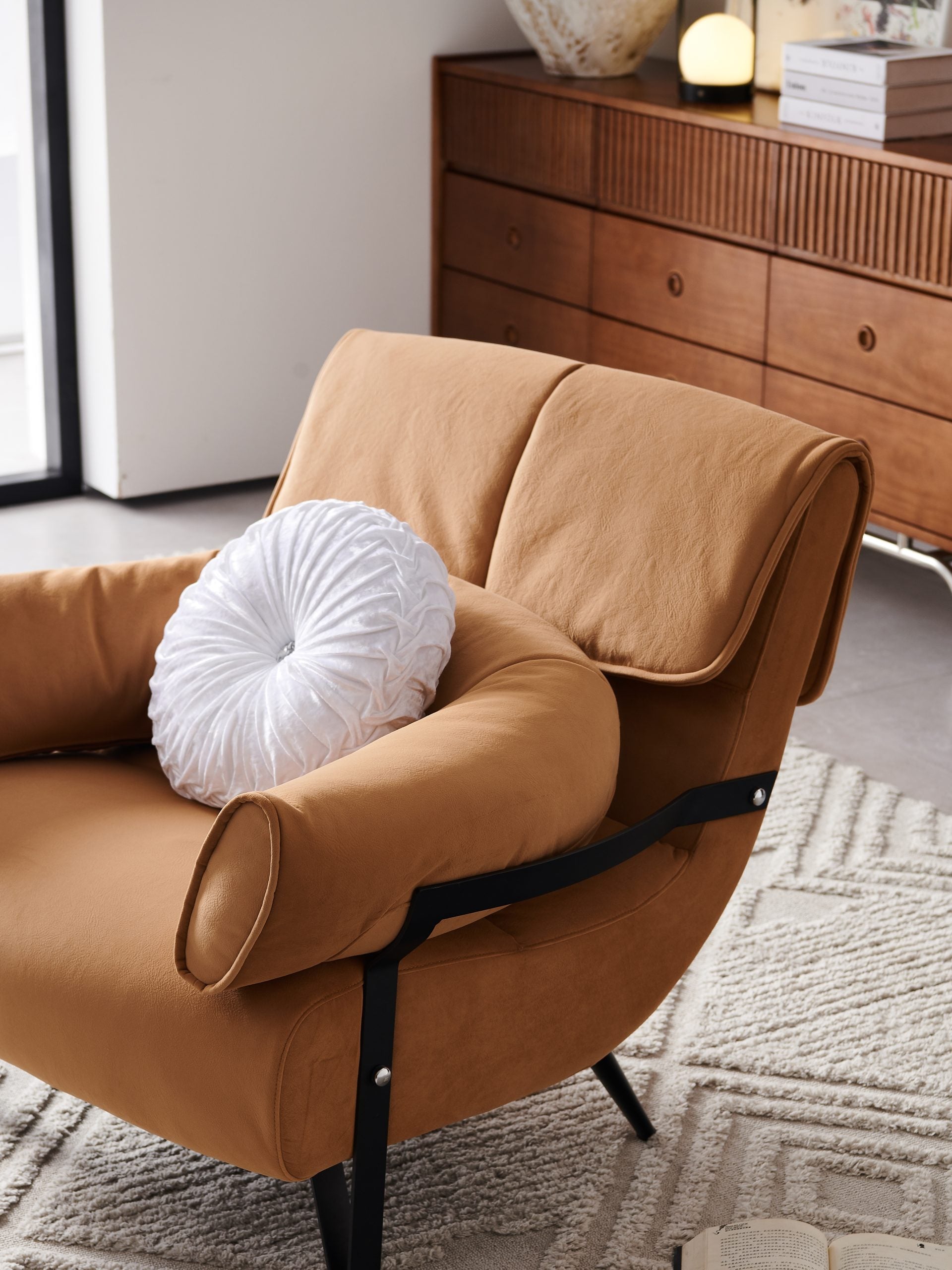 Tan Suede Accent Lounge Chair with Black Metal Straps ¨C Modern Minimalist Armchair for Commercial Hospitality & Boutique Lounges