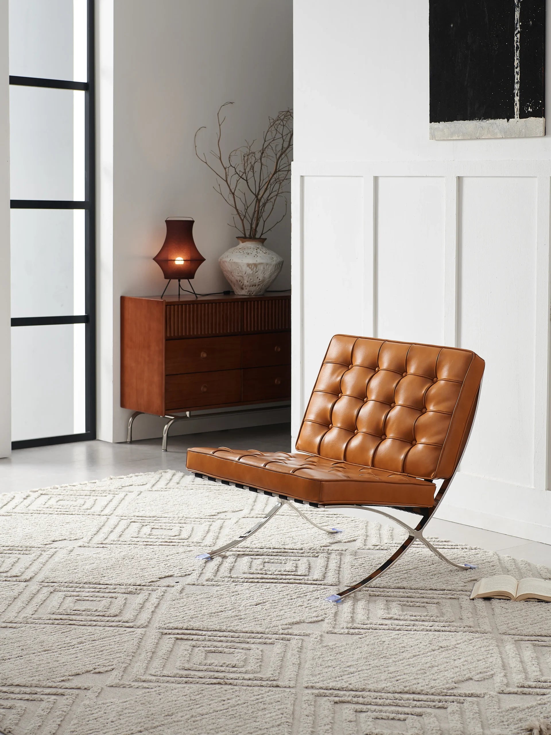 Tan Tufted Barcelona Chair ¨C Premium Leather Lounge Accent with Chrome Base for Commercial Hospitality & Boutique Interiors