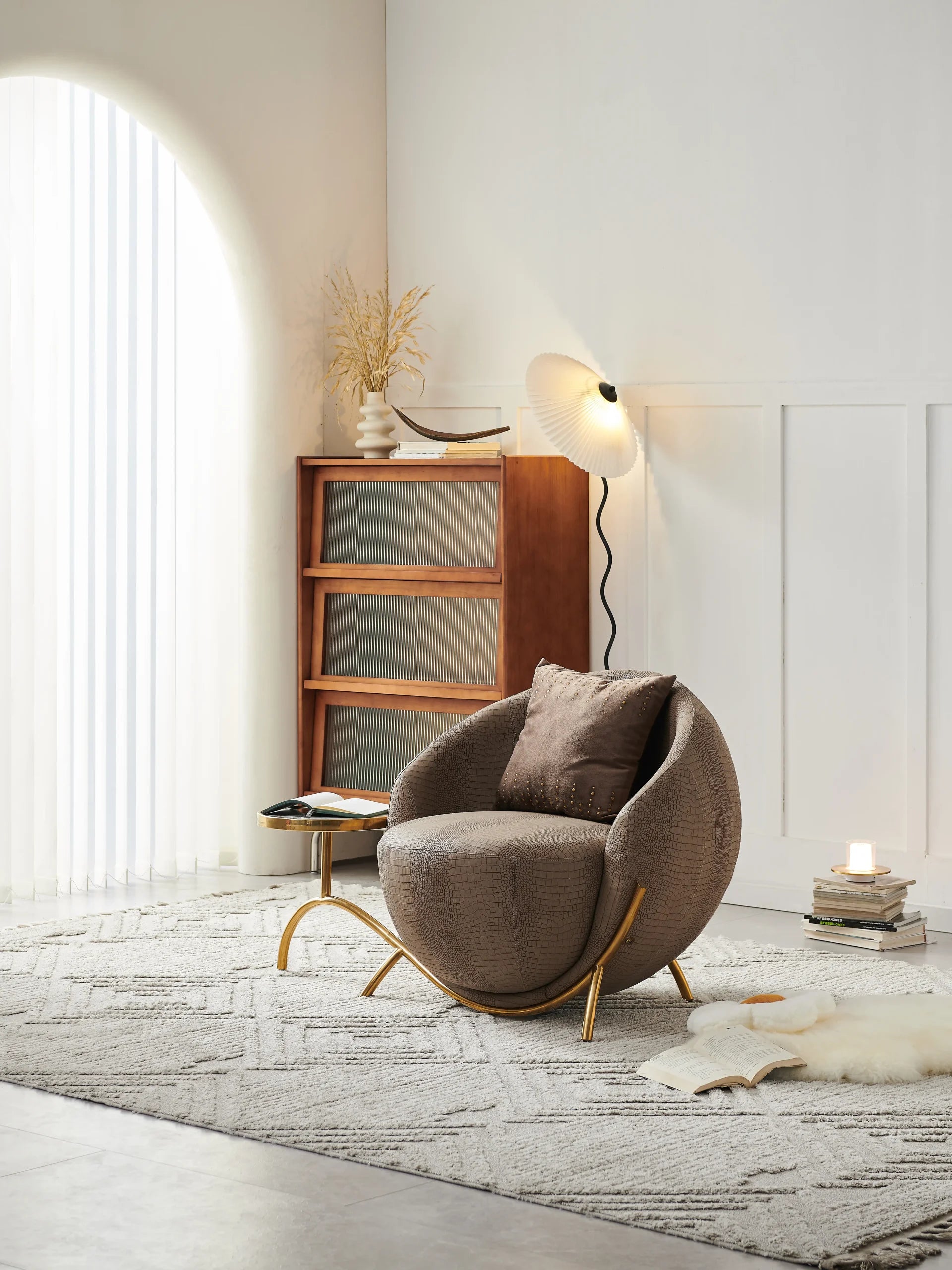 Taupe Crocodile Embossed Orb Chair with Gold Base ¨C Luxurious Modern Lounge Accent Seating for Commercial Hospitality & Boutique Spaces