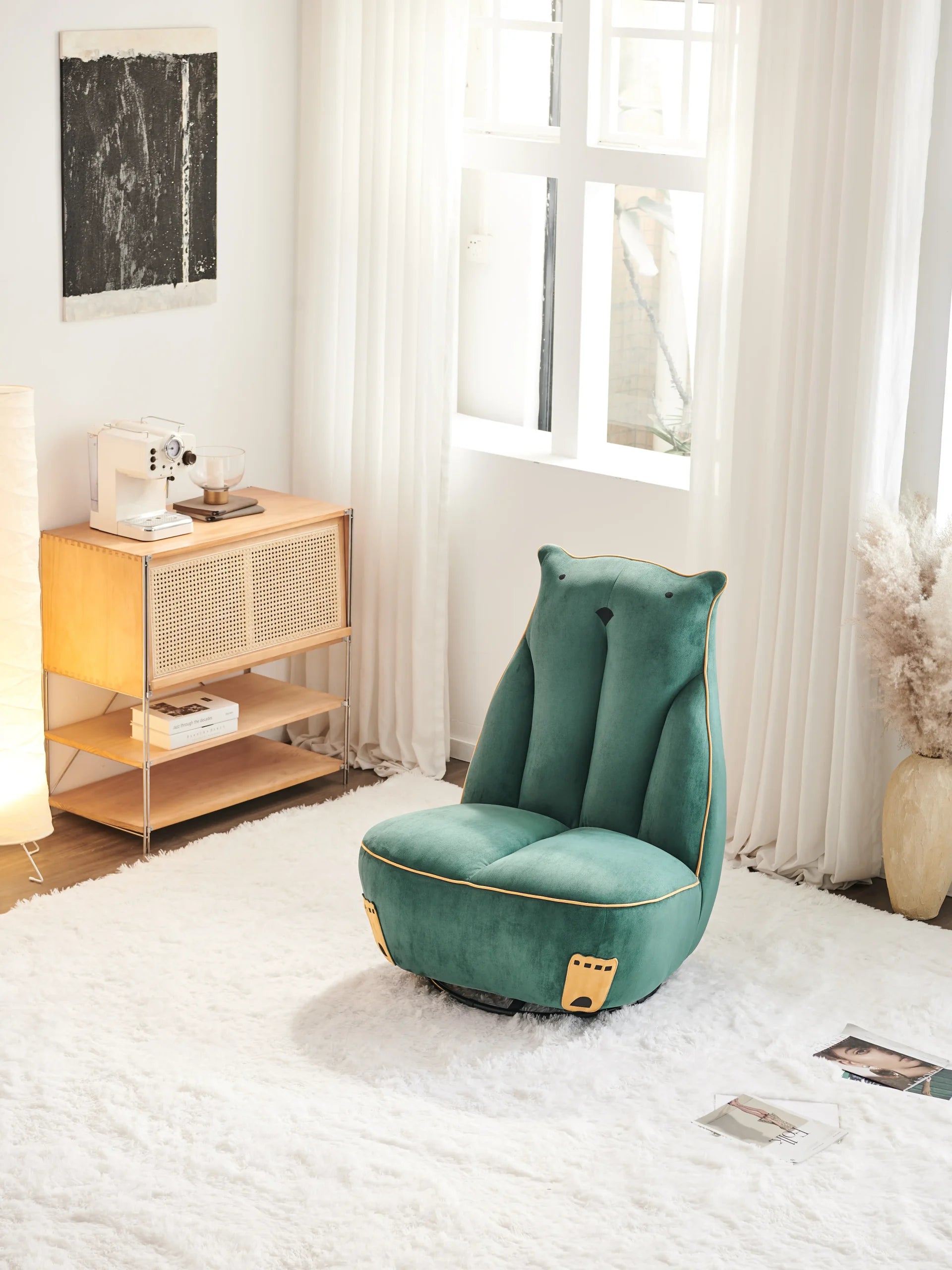 Teal Bear Ear Swivel Lounge Chair with Gold Paws & Trim ¨C Playful Modern Accent Seating for Boutique Hotels & Commercial Lounges