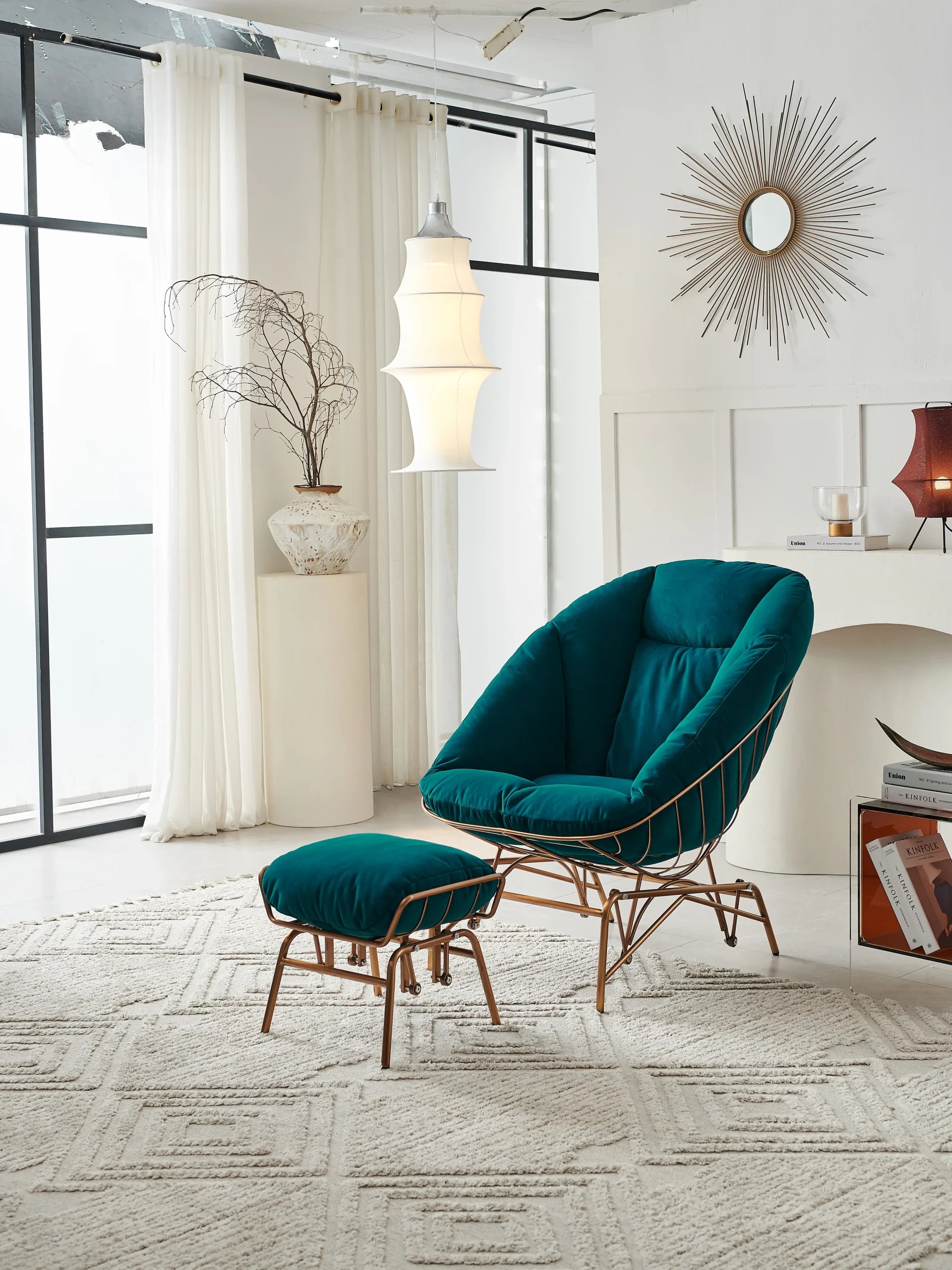 Teal Velvet Cocoon Chair with Matching Ottoman ¨C Luxurious Gold Frame Lounge Seating for Commercial Hospitality & Boutique Interiors