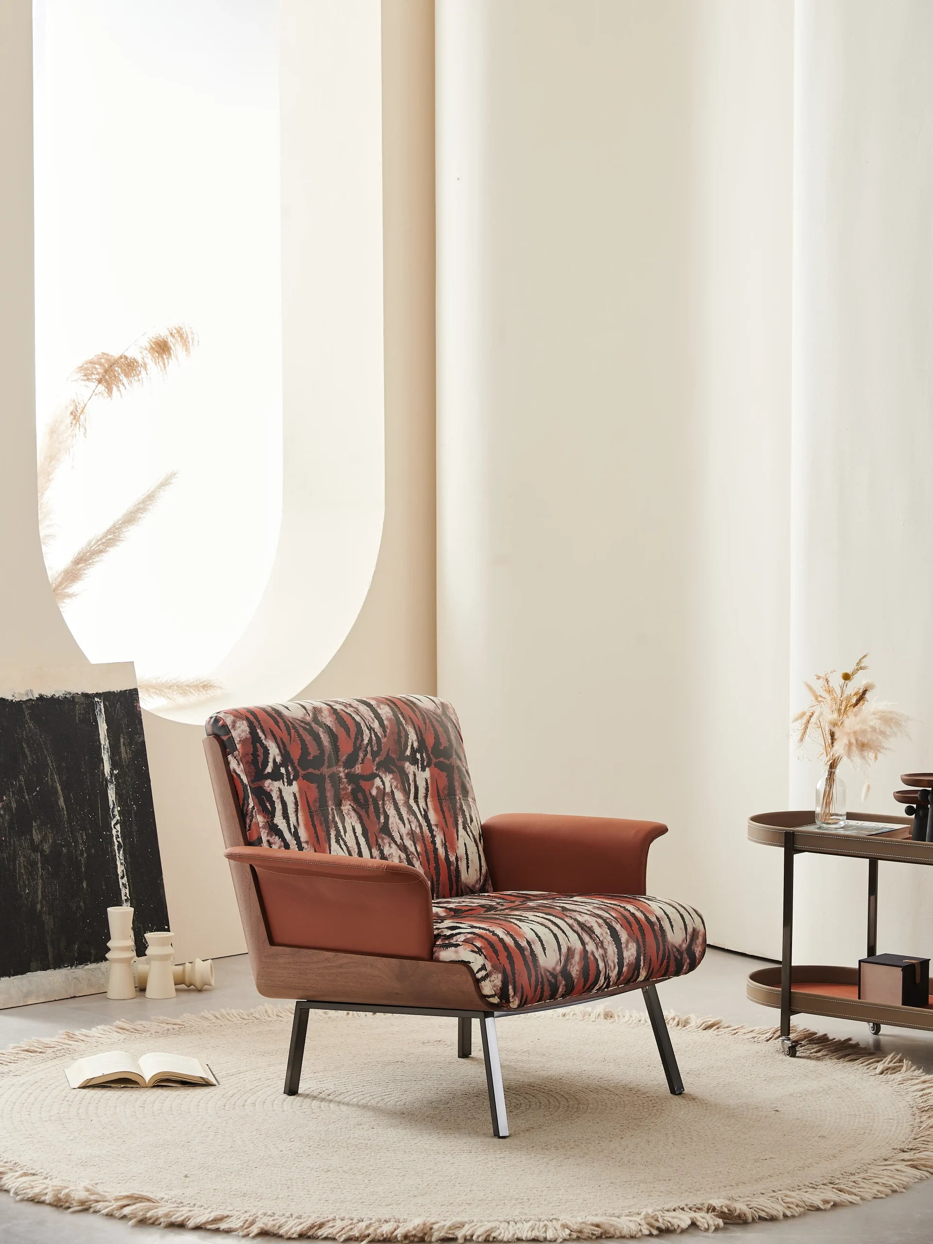 Tiger Print Leather Accent Chair with Walnut & Black Frame ¨C Bold Luxury Lounge Seating for Boutique Hotels & Commercial Interiors