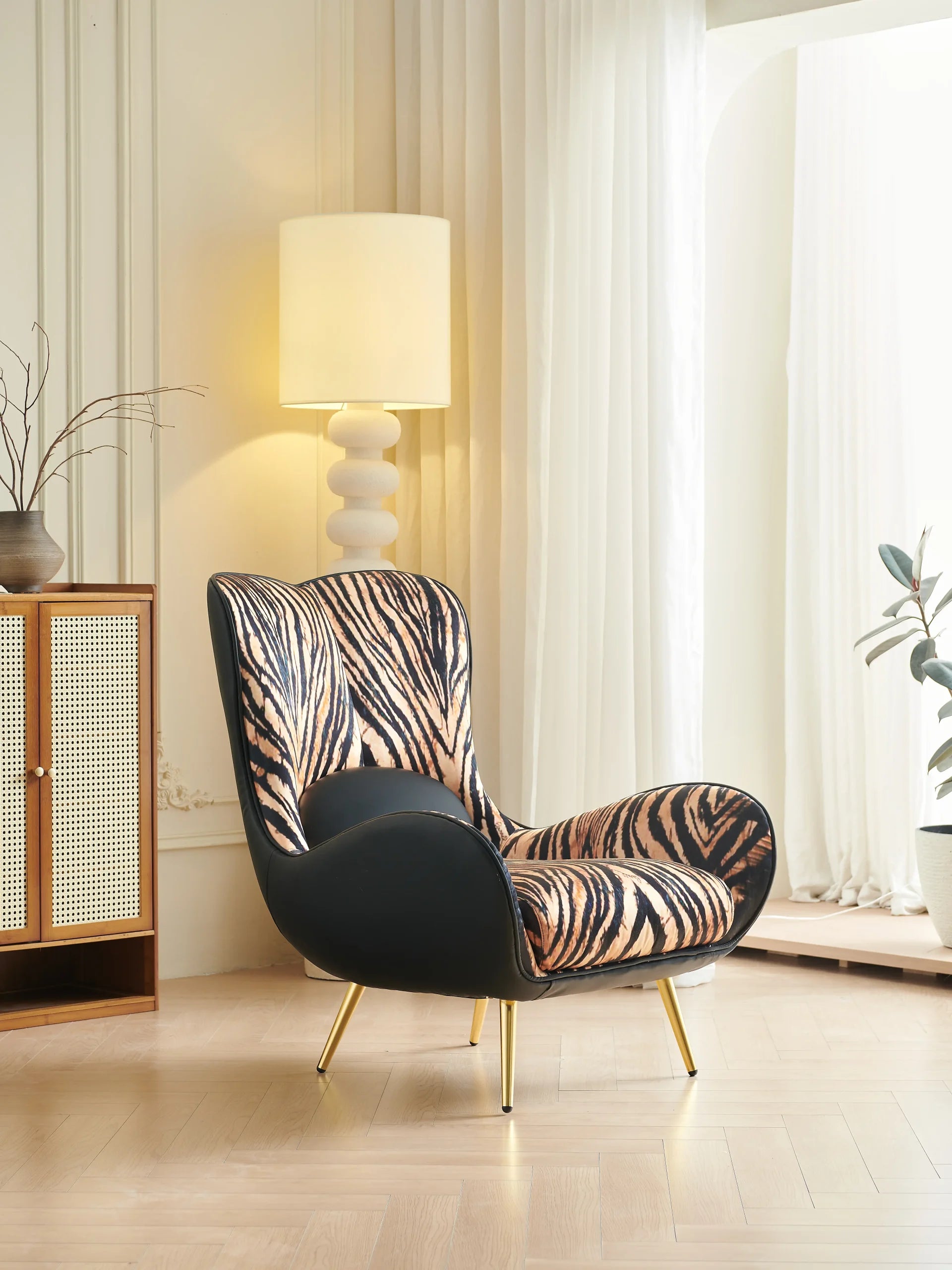 Tiger Print Wingback Lounge Chair with Gold Legs ¨C Bold Luxury Accent Seating for Boutique Hotels & Commercial Interiors