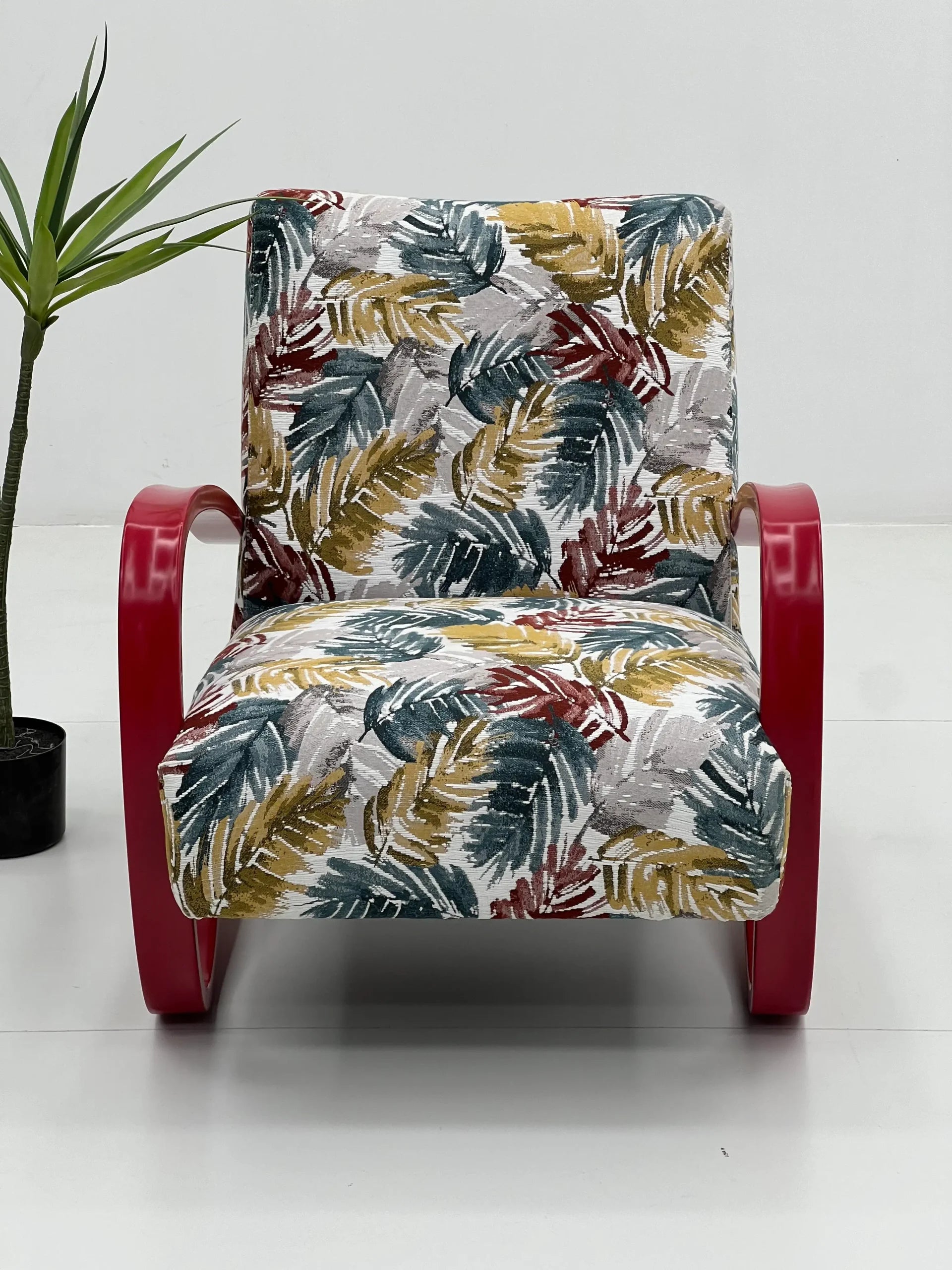 Modern Tropical Rocking Lounge Chair with Red Frame ¨C Leaf Print Oversized Rocker for Commercial Hotels, Lounges & Premium Offices