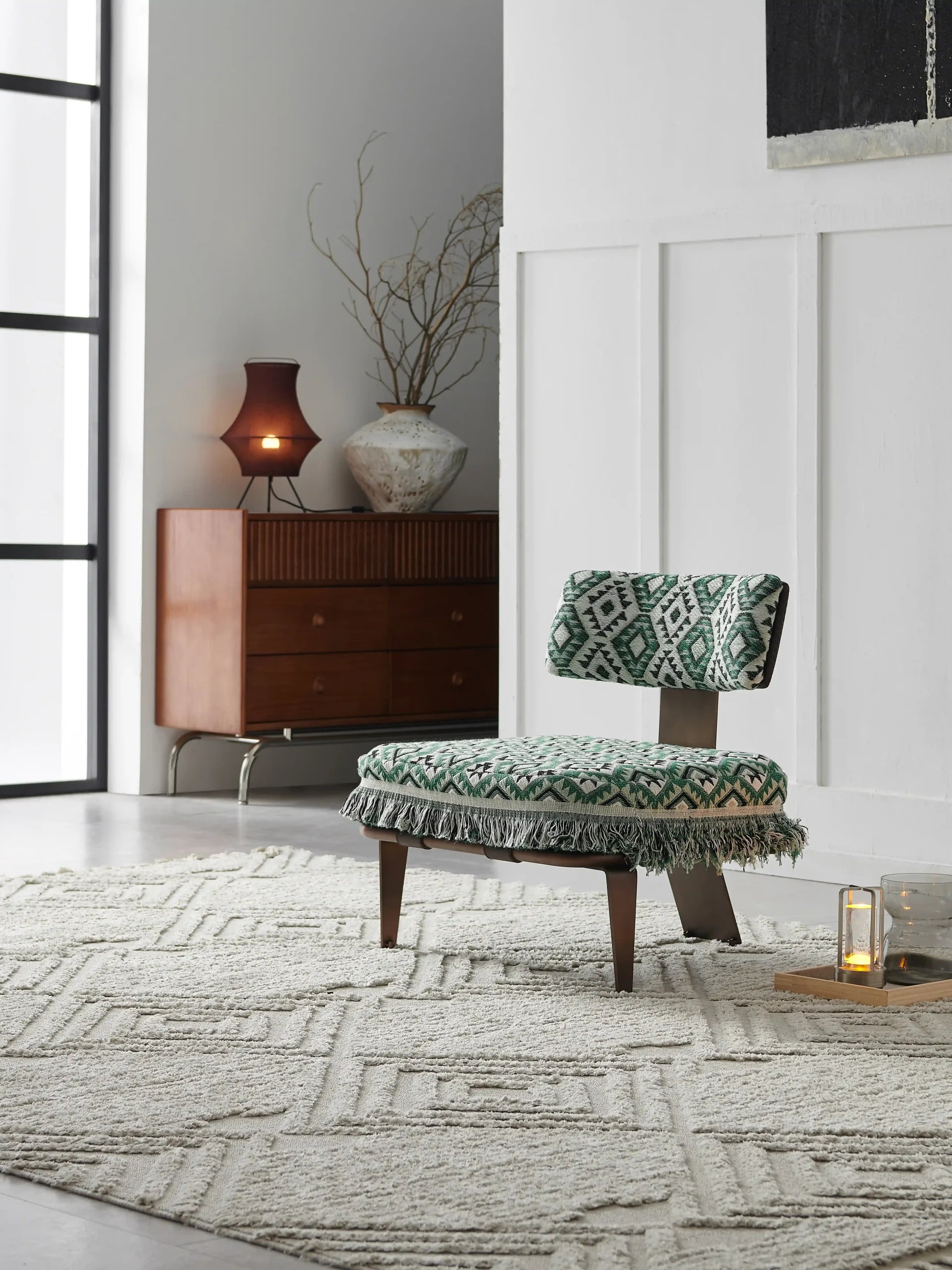 Mid-Century Modern Green Tribal Geometric Woven Fringe Accent Ottoman Chair ¨C Boho Chic Lounge Stool for Commercial Spaces